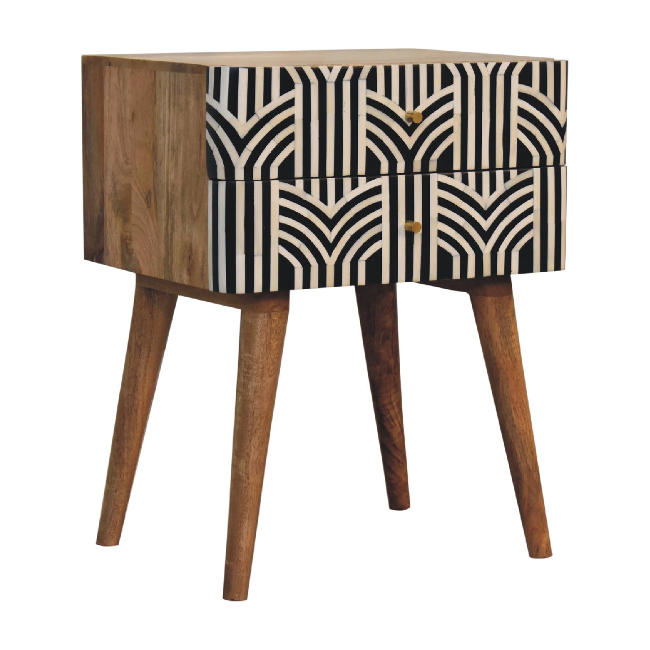 Solid Wood, Edessa Bone Inlay Bedside, 2-Drawers, Nordic Legs, Black and White, Light Brown