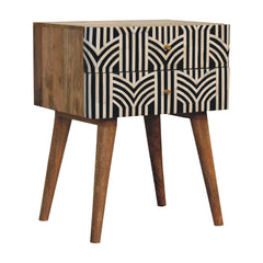 Solid Wood, Edessa Bone Inlay Bedside, 2-Drawers, Nordic Legs, Black and White, Light Brown
