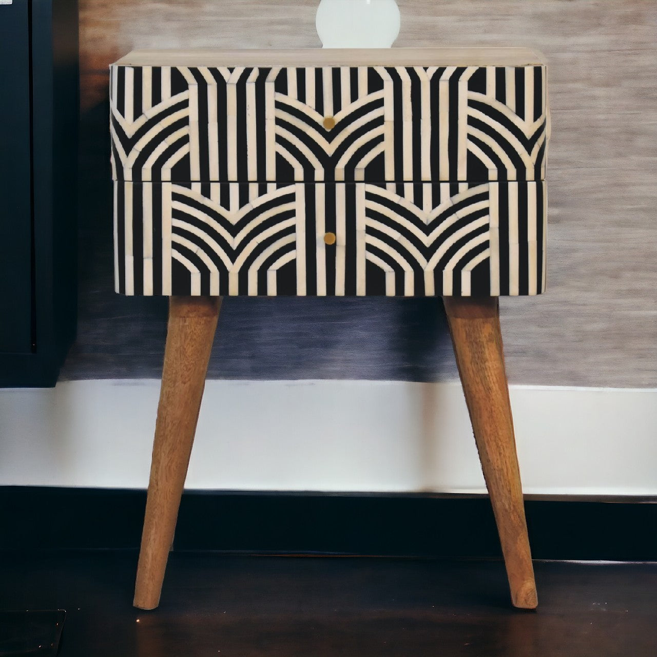 Solid Wood, Edessa Bone Inlay Bedside, 2-Drawers, Nordic Legs, Black and White, Light Brown