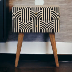 Solid Wood, Edessa Bone Inlay Bedside, 2-Drawers, Nordic Legs, Black and White, Light Brown