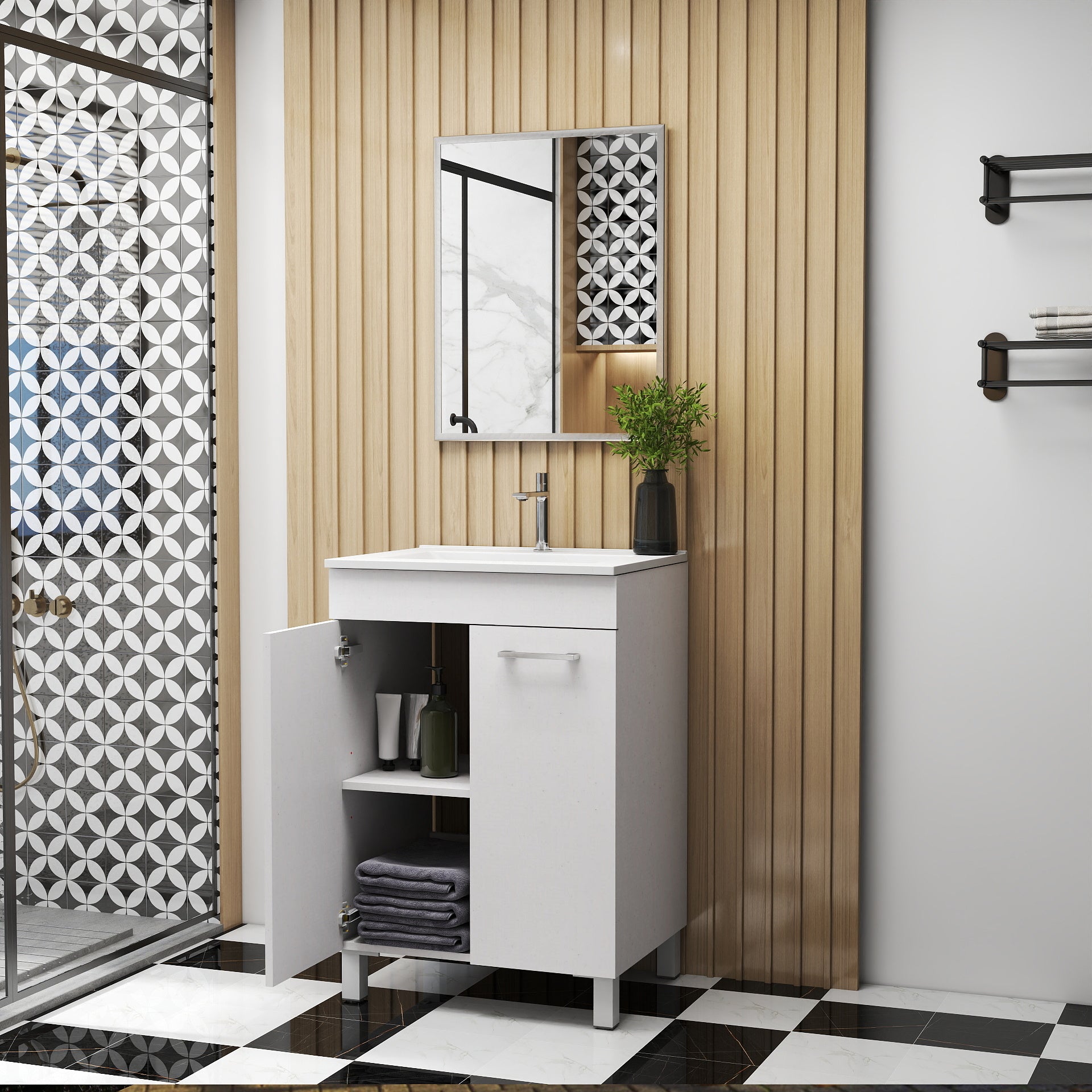 24-Inch Floor-Mounted Bathroom Vanity with Sink and Mirror Combo,Double Doors With Soft Close Hinges,Bathroom Cabinet With Adjust Shelf,Metal Handle ,Ceramic Basin,Adjustable Silver Feet,Glossy White