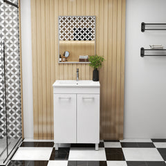 24-Inch Floor-Mounted Bathroom Vanity with Sink and Mirror Combo,Double Doors With Soft Close Hinges,Bathroom Cabinet With Adjust Shelf,Metal Handle ,Ceramic Basin,Adjustable Silver Feet,Glossy White