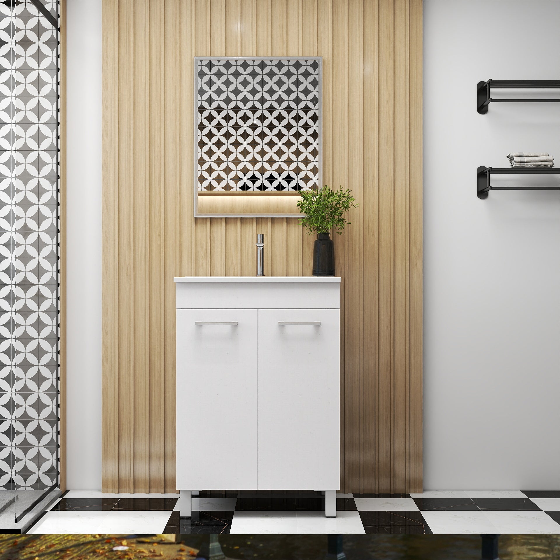 24-Inch Floor-Mounted Bathroom Vanity with Sink and Mirror Combo,Double Doors With Soft Close Hinges,Bathroom Cabinet With Adjust Shelf,Metal Handle ,Ceramic Basin,Adjustable Silver Feet,Glossy White