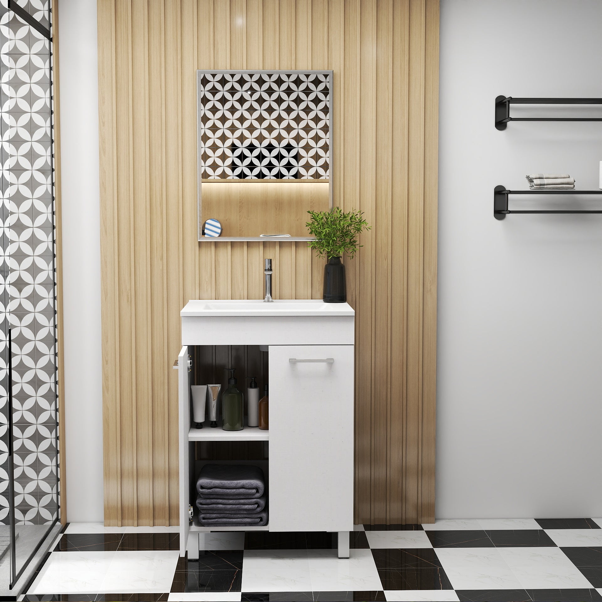 24-Inch Floor-Mounted Bathroom Vanity with Sink and Mirror Combo,Double Doors With Soft Close Hinges,Bathroom Cabinet With Adjust Shelf,Metal Handle ,Ceramic Basin,Adjustable Silver Feet,Glossy White