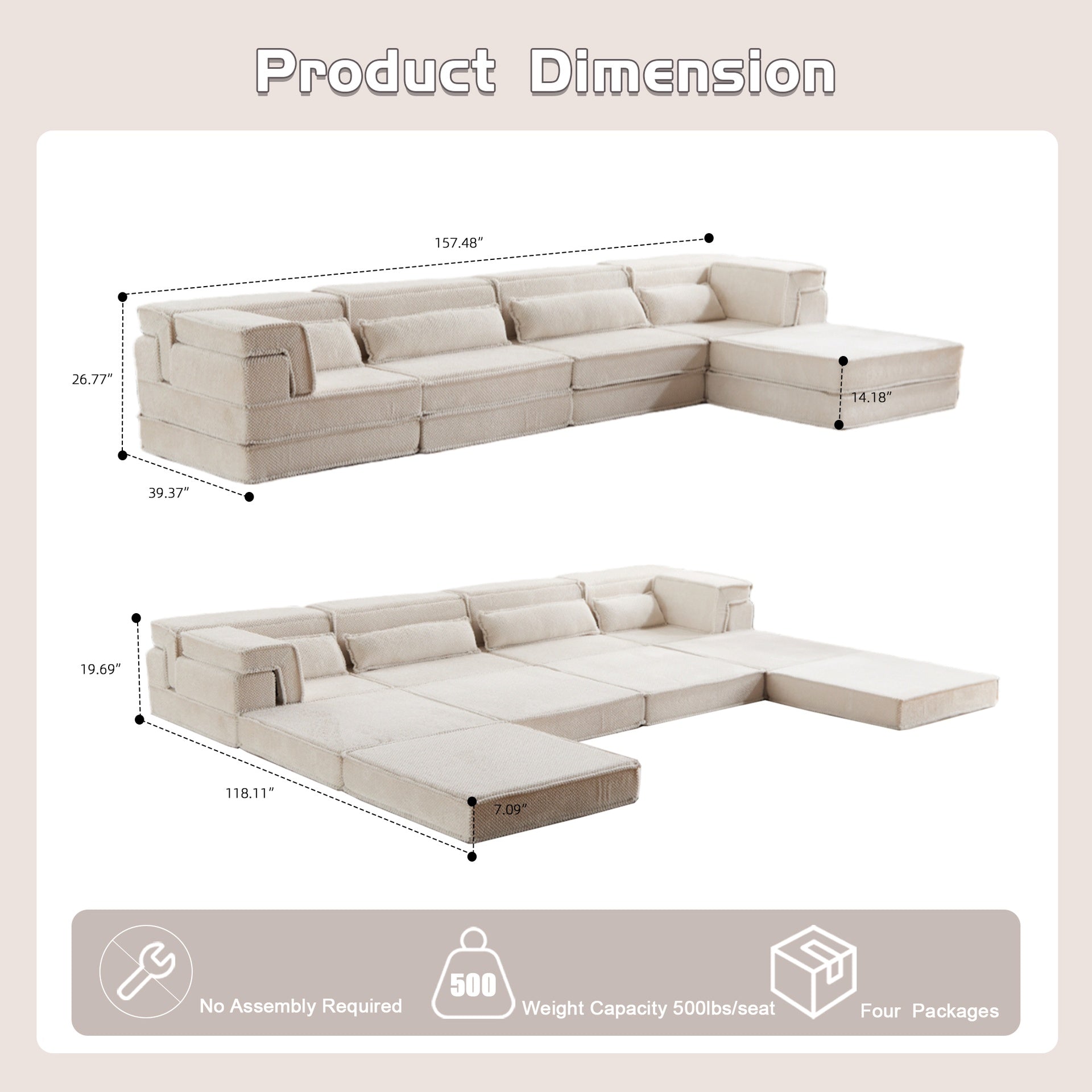 Compression Mahjong Sofa,Convertible Floor Sofa Bed,DIY Boneless Modular Sectional Sofa,No Assembly Required,Circle fleece fabric,Oversized 4 Seater with 1 Ottoman,White