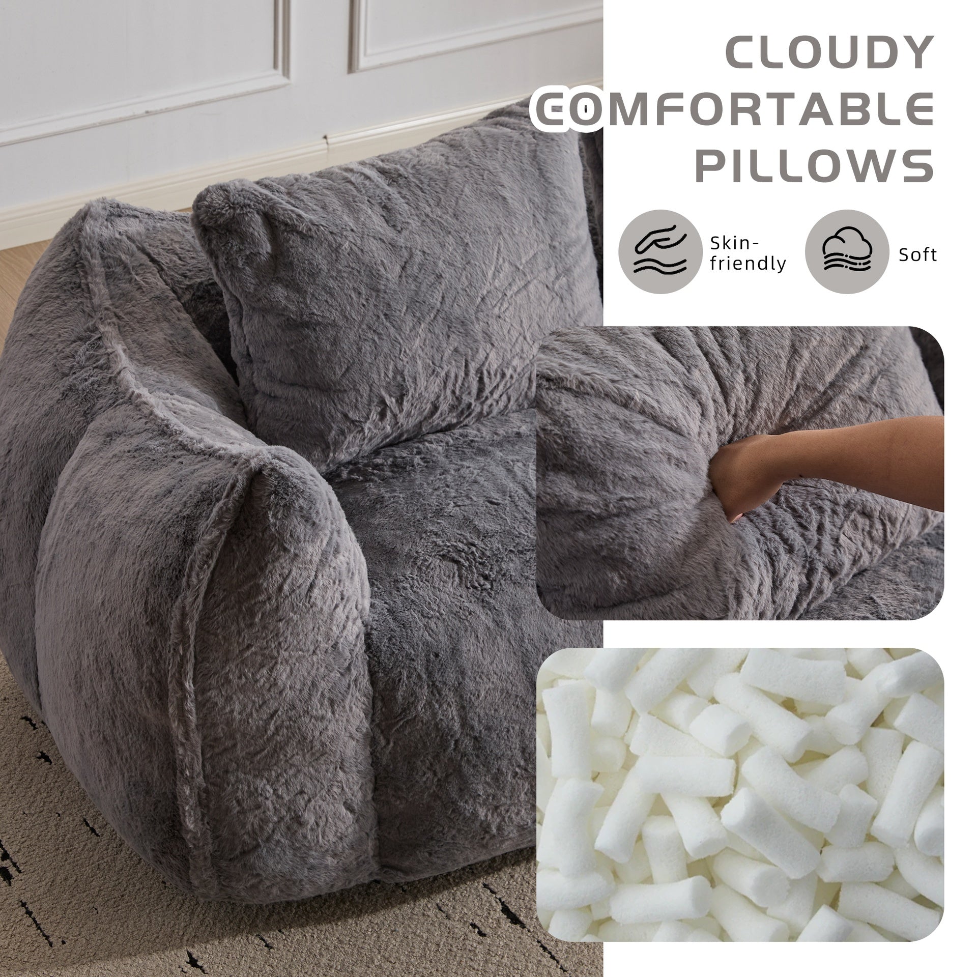 Giant Bean Bag Couch for Adults, Ultra Soft Fluffy Loveseat Bean Bag Sofa, Oversized Chase Lounge Chair Indoor for Living Room Bedroom, No Assembly Required Cozy Reading Chair with Pillows, Grey