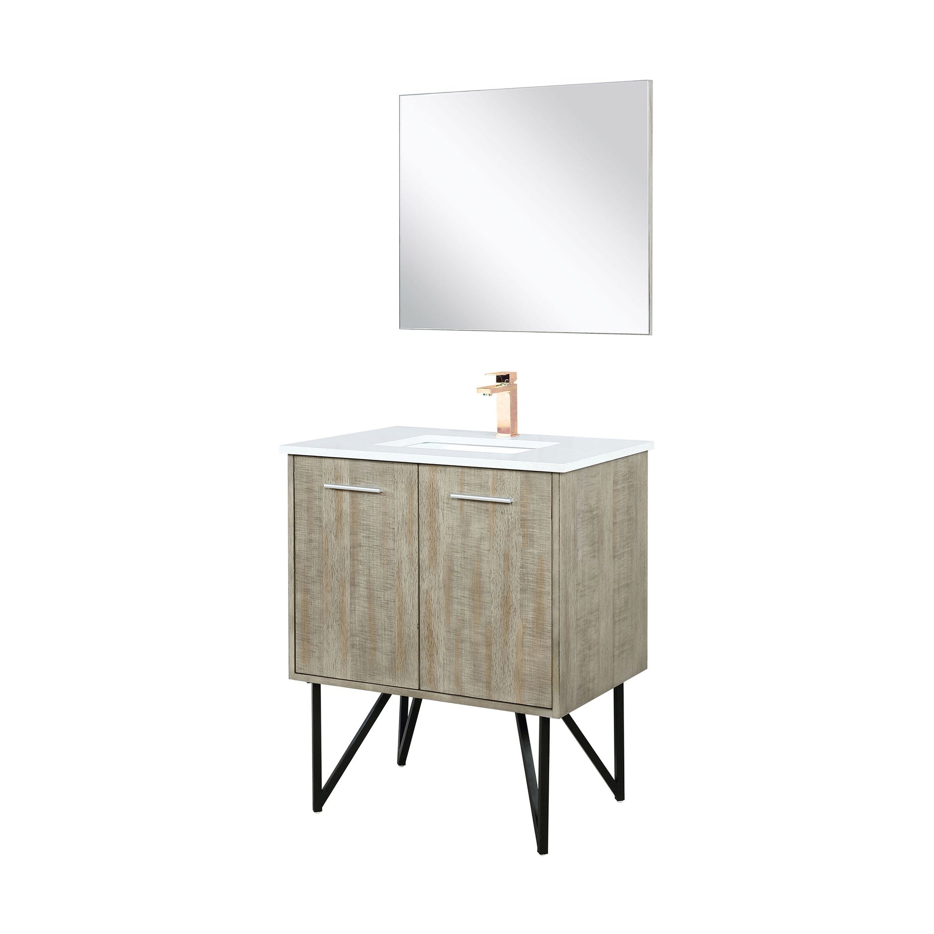 Rustic Acacia Bath Vanity 30 in. W x 20 in. D, White Quartz Top, Rose Gold Faucet Set and 28 in. Mirror