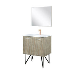 Rustic Acacia Bath Vanity 30 in. W x 20 in. D, White Quartz Top, Rose Gold Faucet Set and 28 in. Mirror