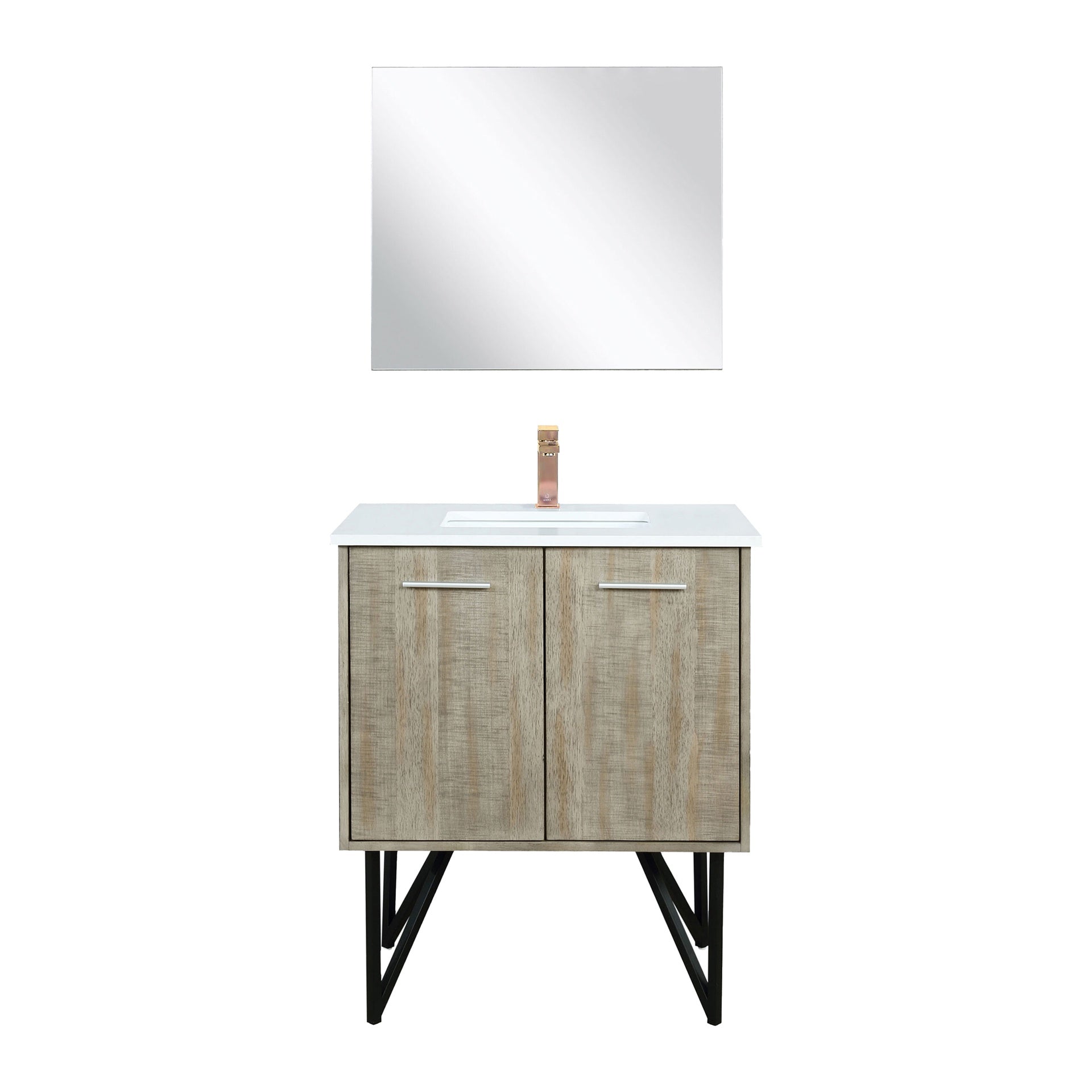 Rustic Acacia Bath Vanity 30 in. W x 20 in. D, White Quartz Top, Rose Gold Faucet Set and 28 in. Mirror