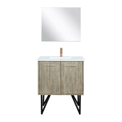 Rustic Acacia Bath Vanity 30 in. W x 20 in. D, White Quartz Top, Rose Gold Faucet Set and 28 in. Mirror