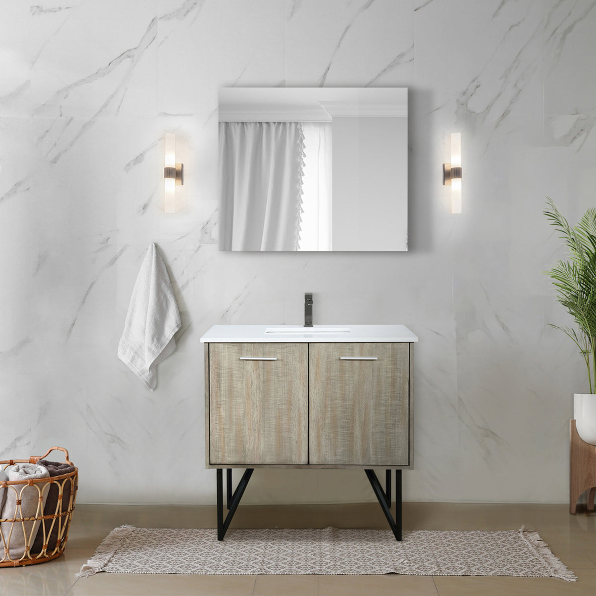 Rustic Acacia Bath Vanity 36 in. W x 20 in. D, White Quartz Top, Gun Metal Faucet Set and 28 in. Mirror