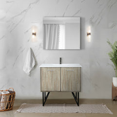 Rustic Acacia Bath Vanity 36 in. W x 20 in. D, White Quartz Top, Gun Metal Faucet Set and 28 in. Mirror