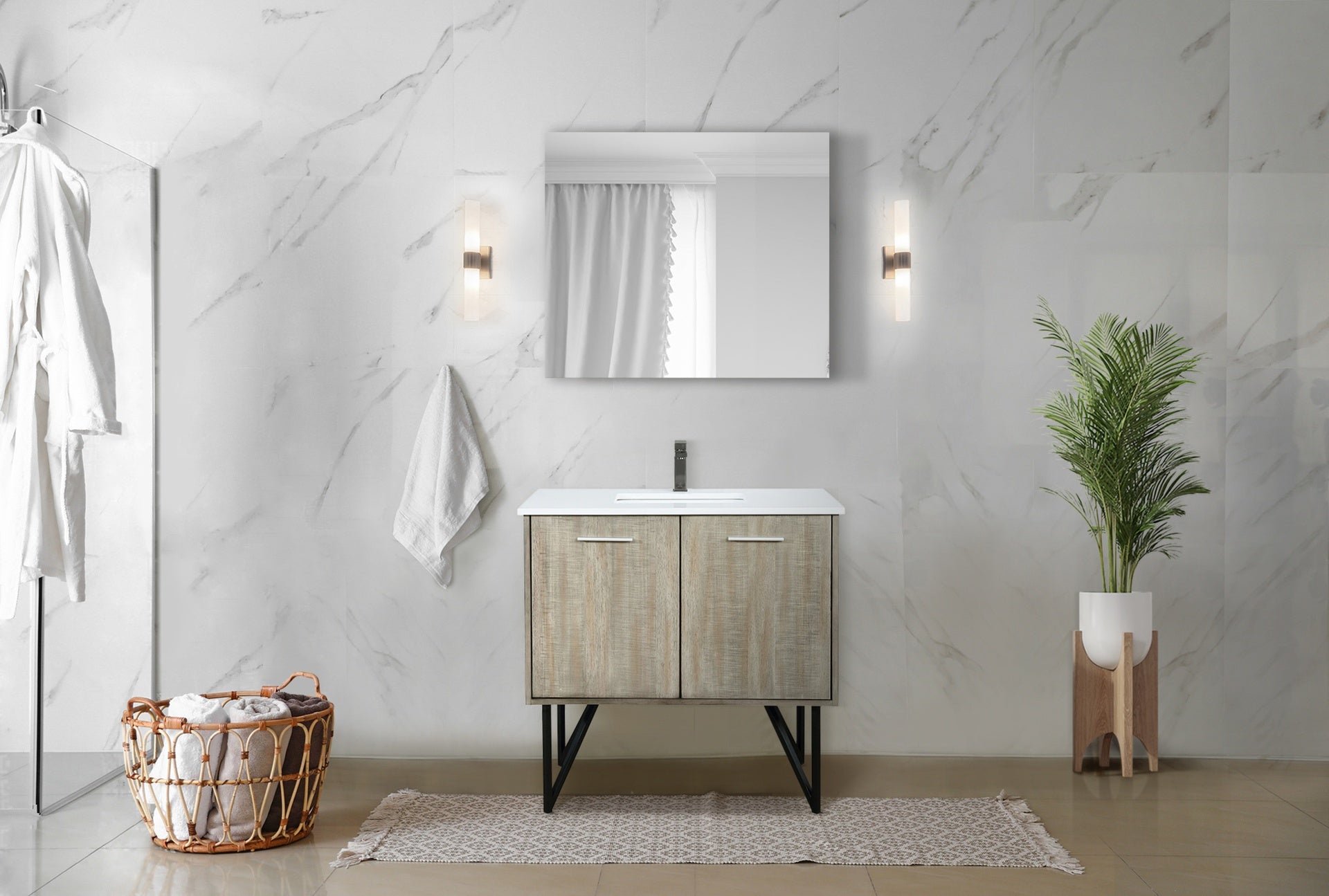 Rustic Acacia Bath Vanity 36 in. W x 20 in. D, White Quartz Top, Gun Metal Faucet Set and 28 in. Mirror