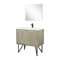 Rustic Acacia Bath Vanity 36 in. W x 20 in. D, White Quartz Top, Gun Metal Faucet Set and 28 in. Mirror