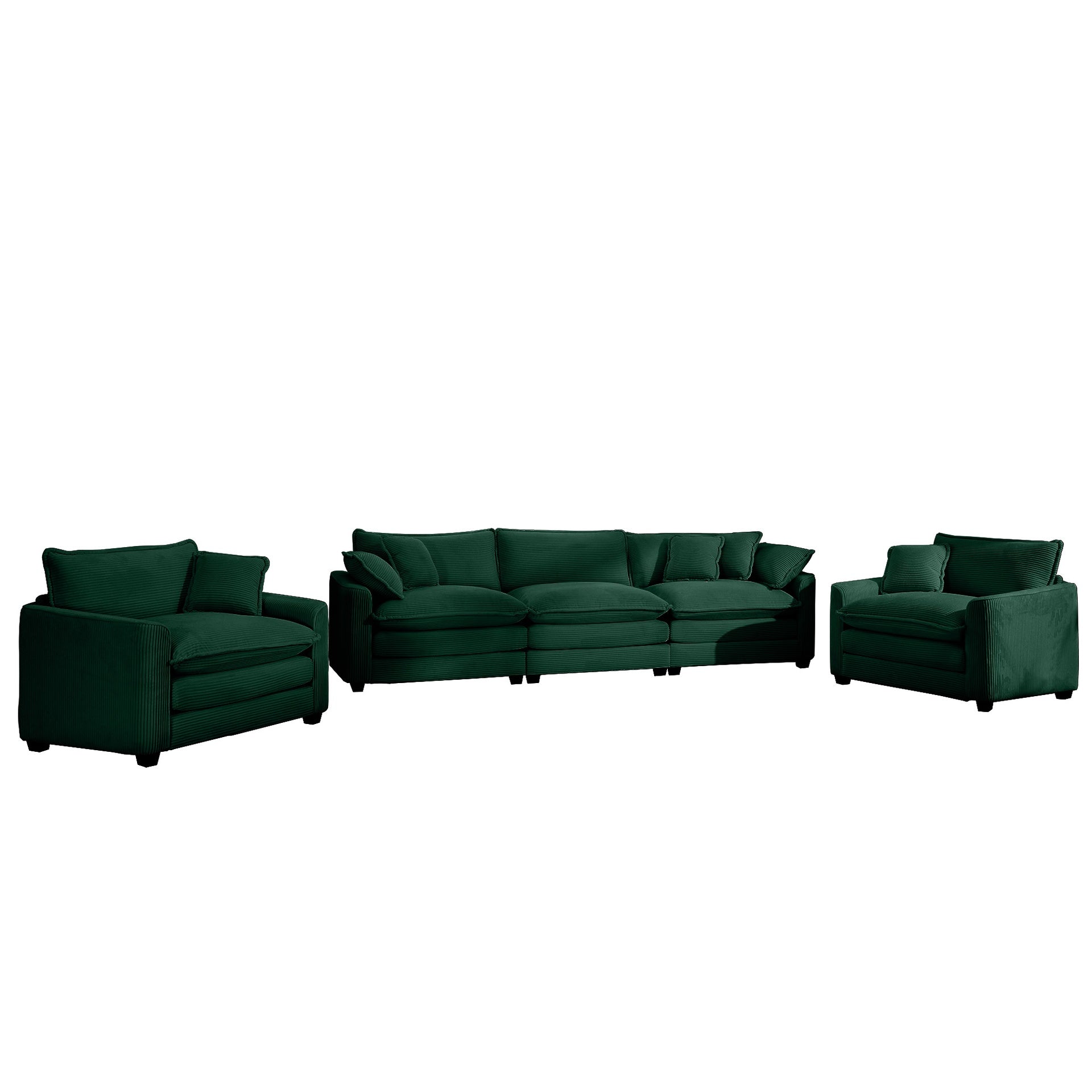Luxurious and Sophisticated Sofa Set with Soft Cushions and Pillows, Home for Living Rooms and Clubs as well as Home Theaters, Consisting of Two Single Sofas and a 3-Seater Sofas in Green Corduroy Fab