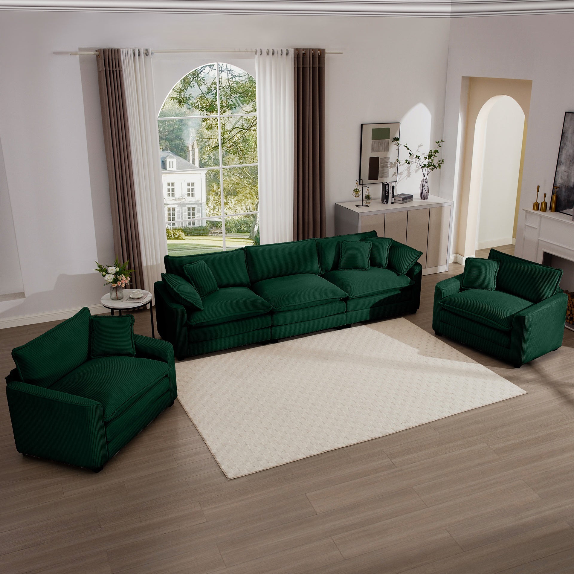 Luxurious and Sophisticated Sofa Set with Soft Cushions and Pillows, Home for Living Rooms and Clubs as well as Home Theaters, Consisting of Two Single Sofas and a 3-Seater Sofas in Green Corduroy Fab