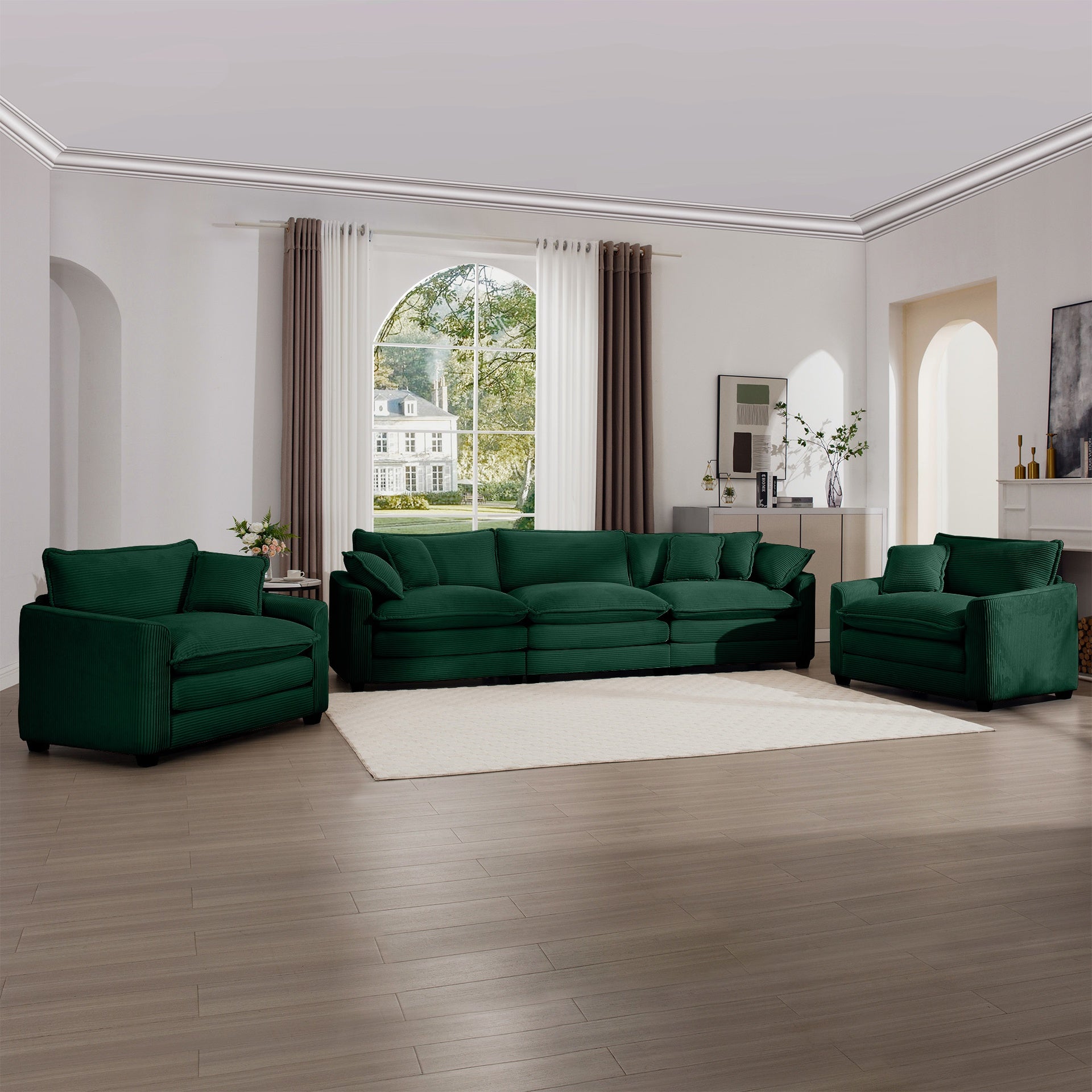Luxurious and Sophisticated Sofa Set with Soft Cushions and Pillows, Home for Living Rooms and Clubs as well as Home Theaters, Consisting of Two Single Sofas and a 3-Seater Sofas in Green Corduroy Fab