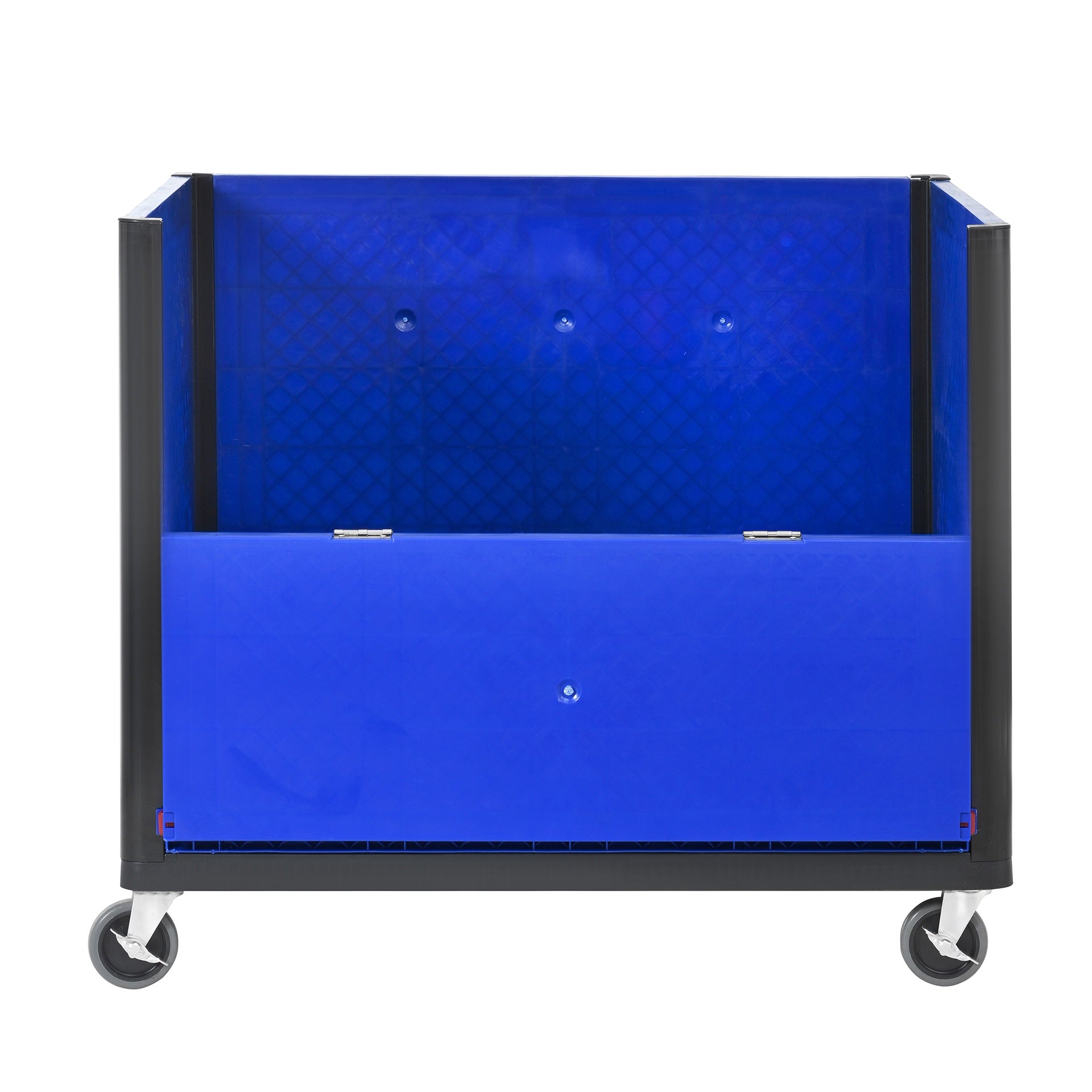 Collapside Bulk Container With Caster,Solid Wall, total capacity of 600 lbs Stacks up to 4 high for a total of 2000 lbs and includes 4 feet for stacking, blue