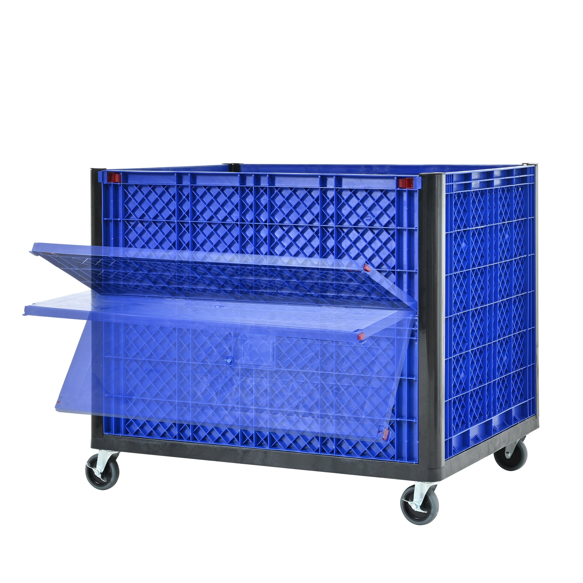 Collapside Bulk Container With Caster,Solid Wall, total capacity of 600 lbs Stacks up to 4 high for a total of 2000 lbs and includes 4 feet for stacking, blue