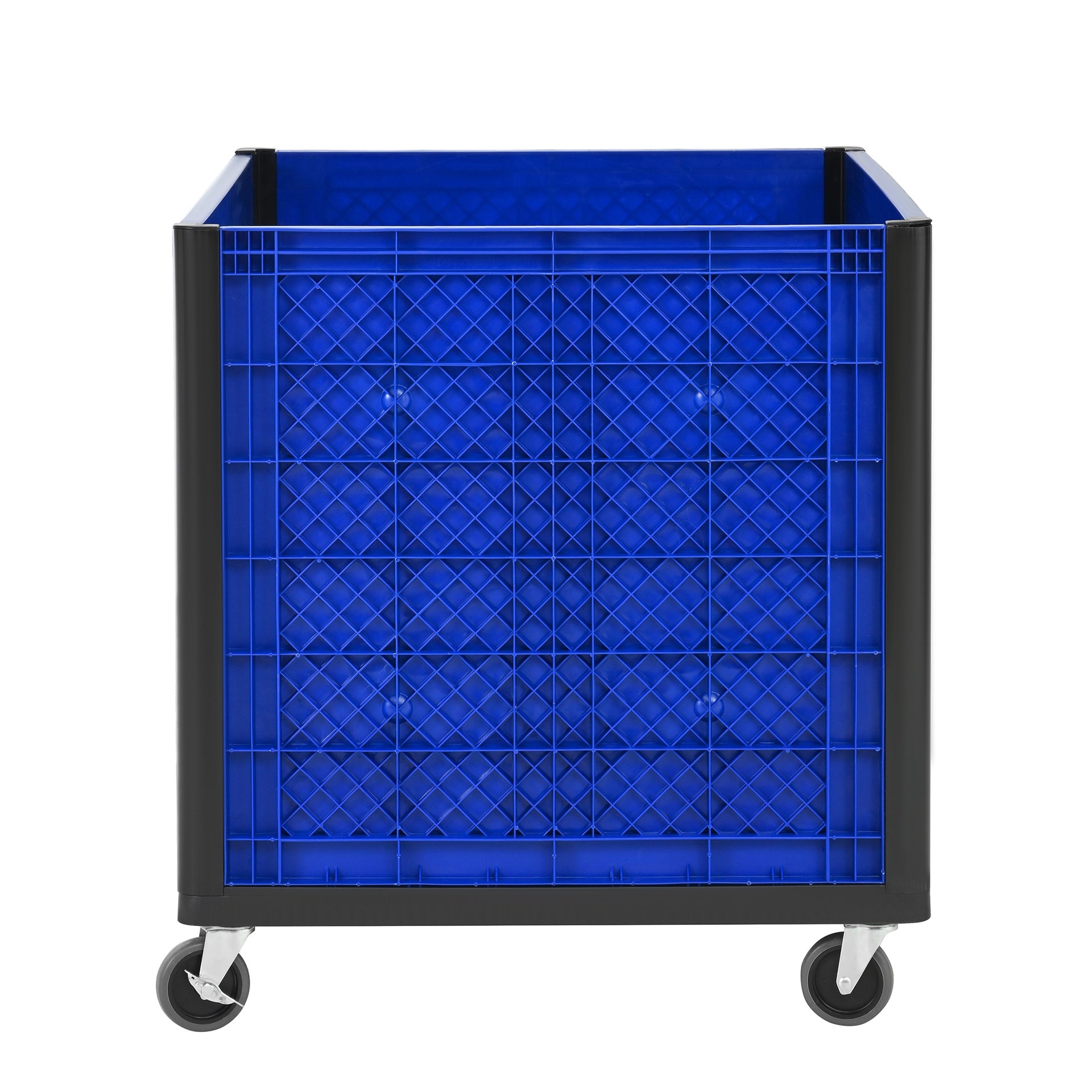 Collapside Bulk Container With Caster,Solid Wall, total capacity of 600 lbs Stacks up to 4 high for a total of 2000 lbs and includes 4 feet for stacking, blue
