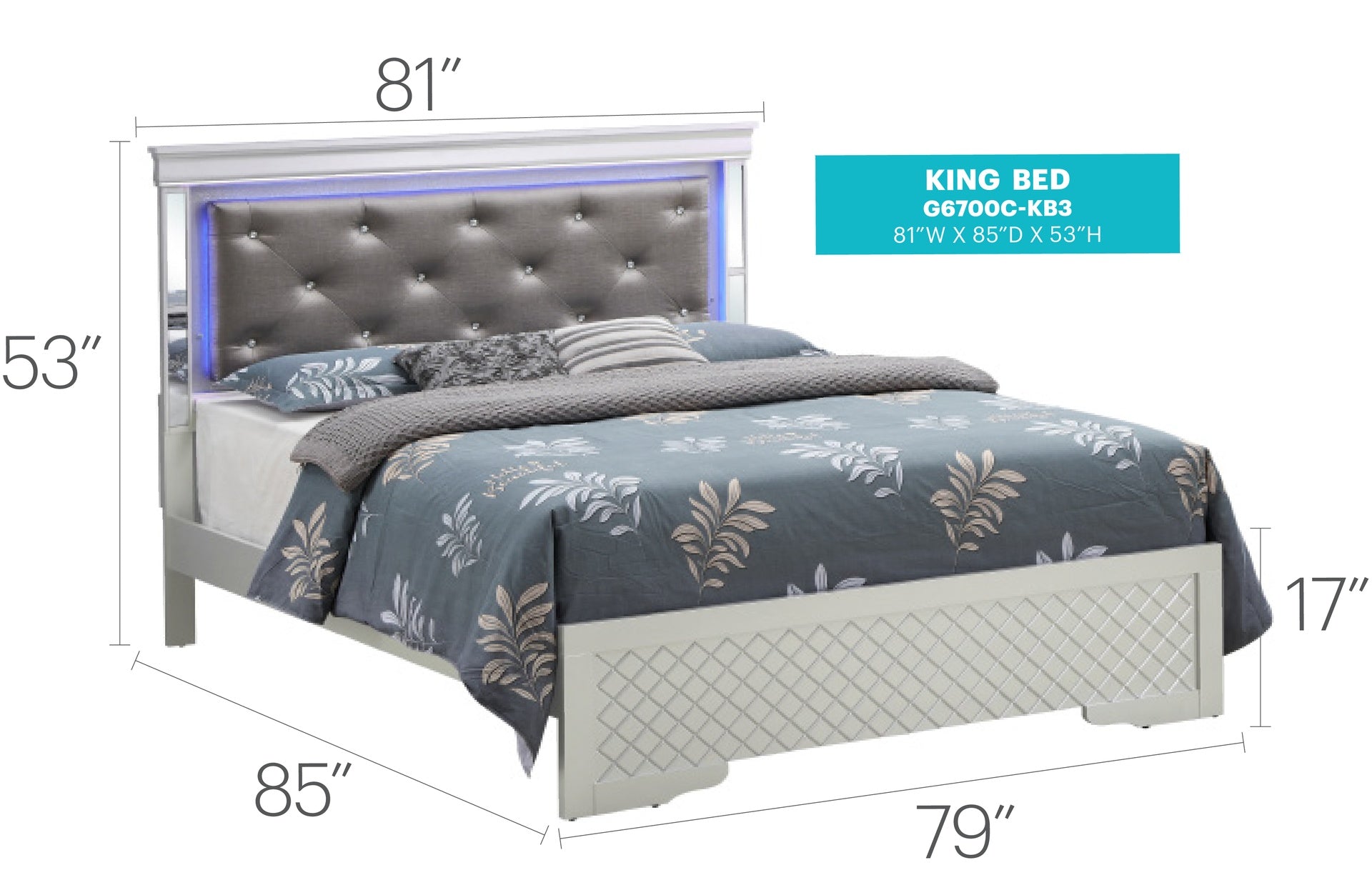 Elegant Transitional King Bed In Silver Champagne