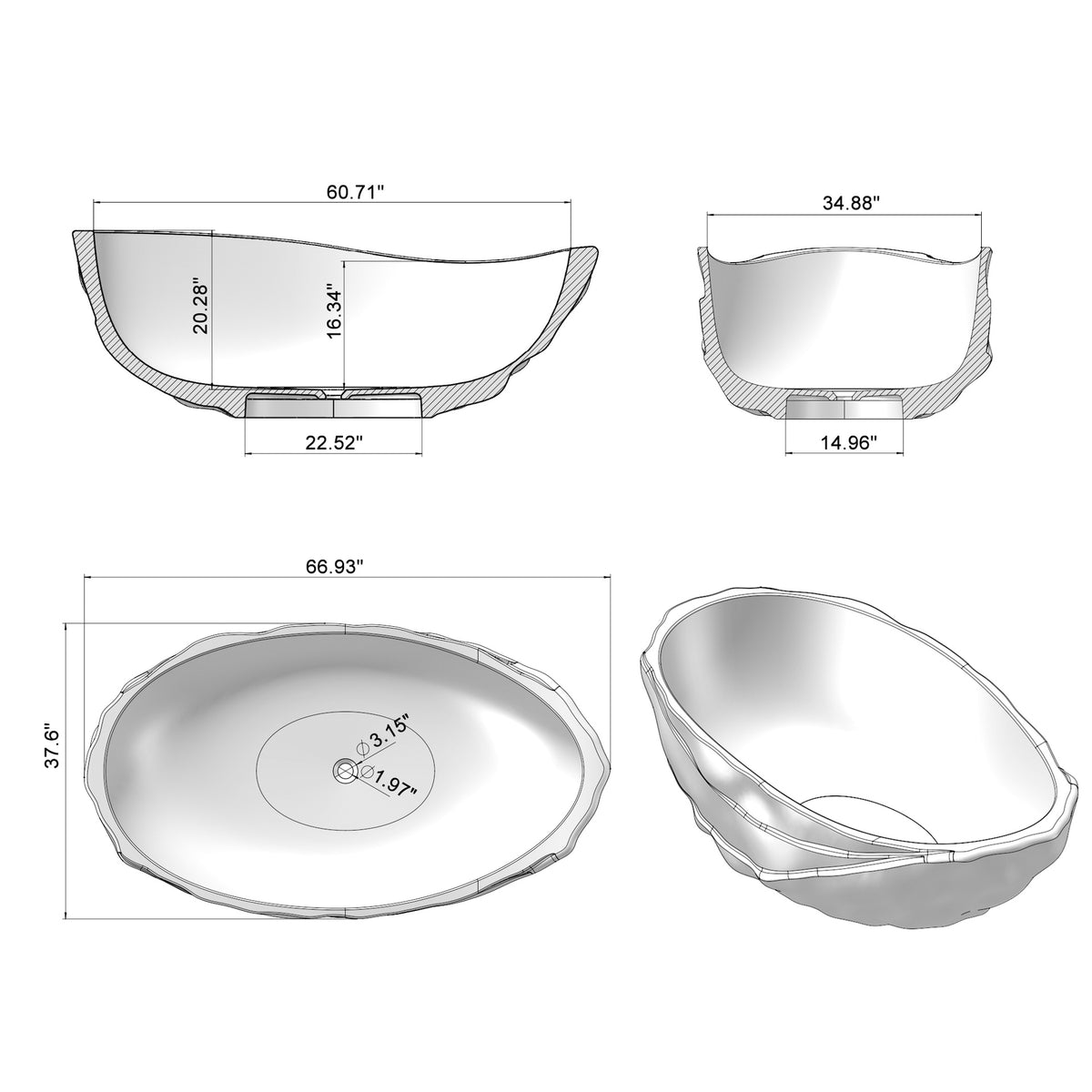 67 inch Freestanding Solid Surface Soaking Bathtub 25S52-17PS