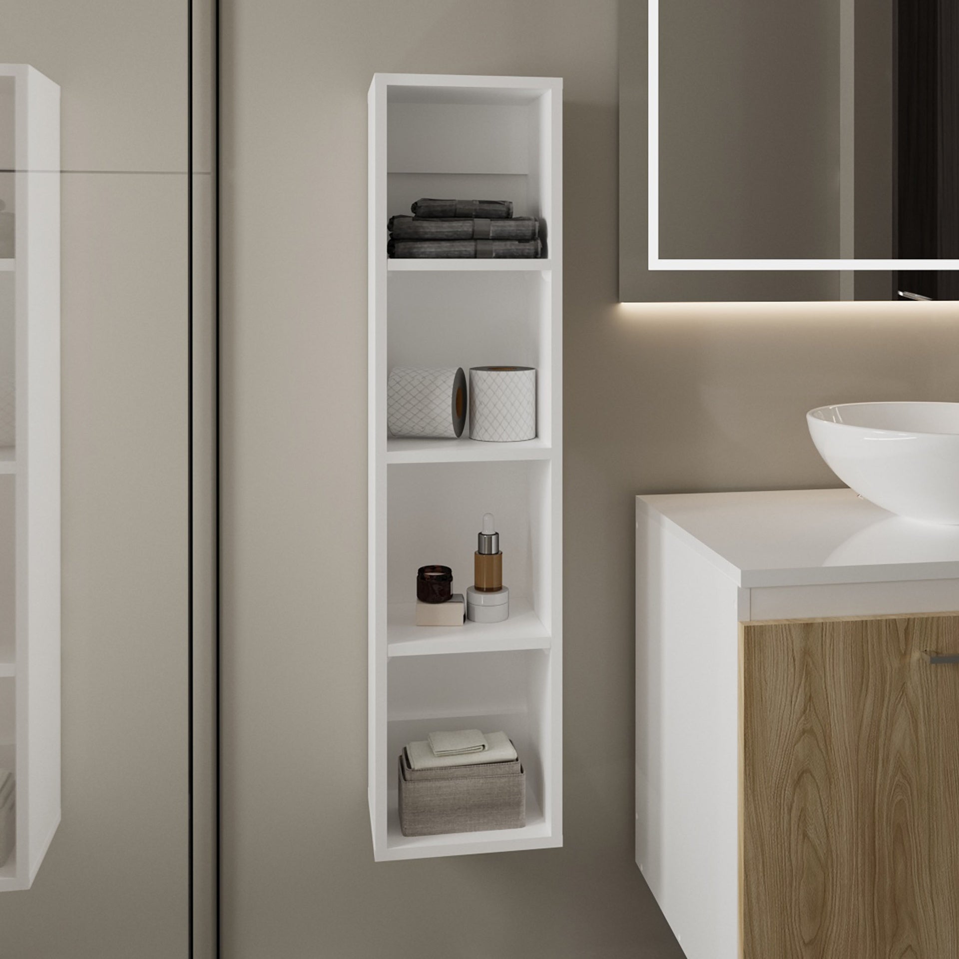Tall Manufactured Wood Wall-Mounted Cabinet Storage with 4 Open Shelves, Slim Bathroom Organizer