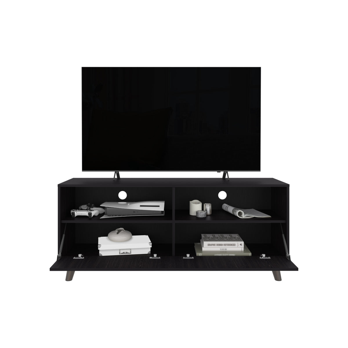 Patrick Tv Stand With 2 Doors And Open Storage Shelves, Modern Entertainment Center, Black