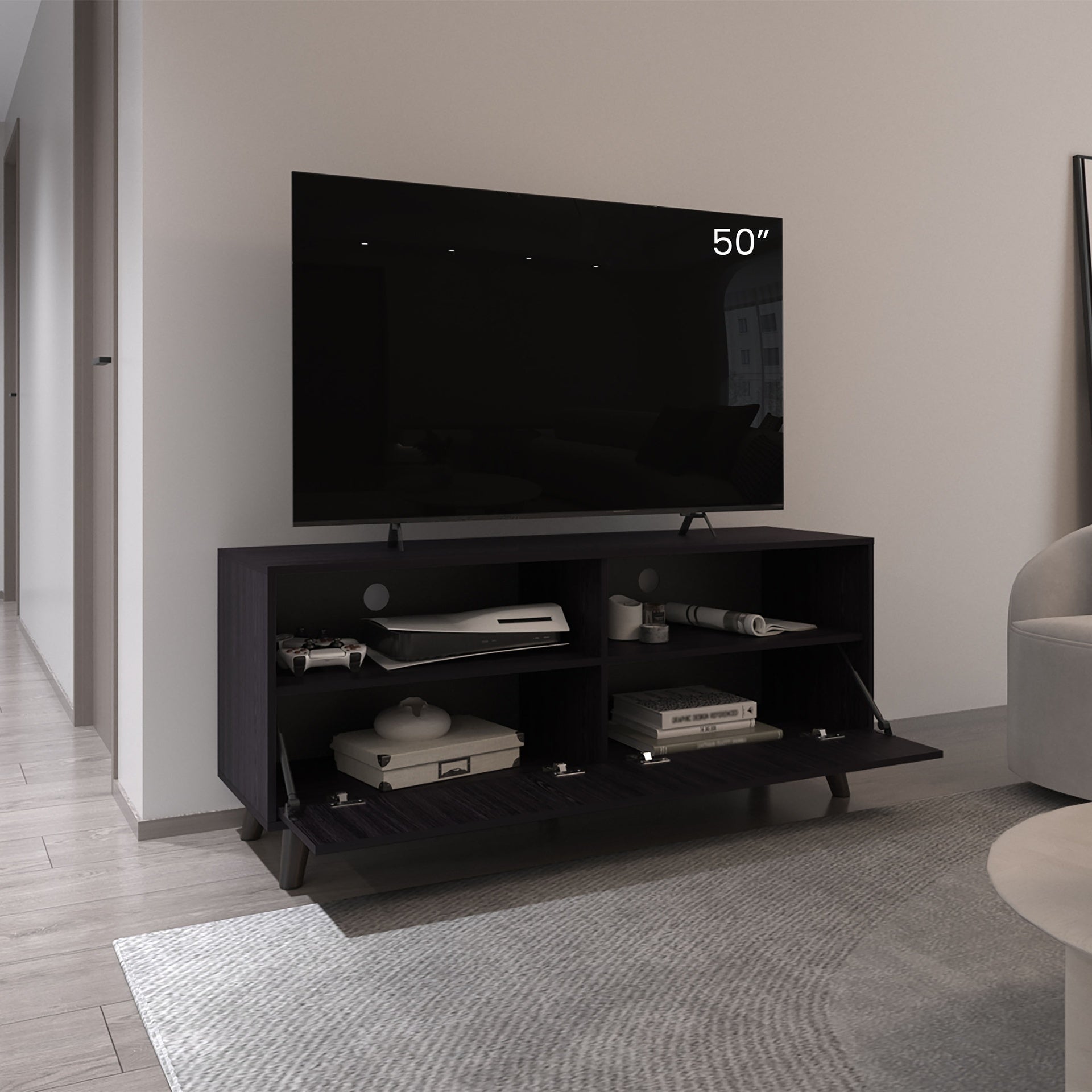 Patrick Tv Stand With 2 Doors And Open Storage Shelves, Modern Entertainment Center, Black