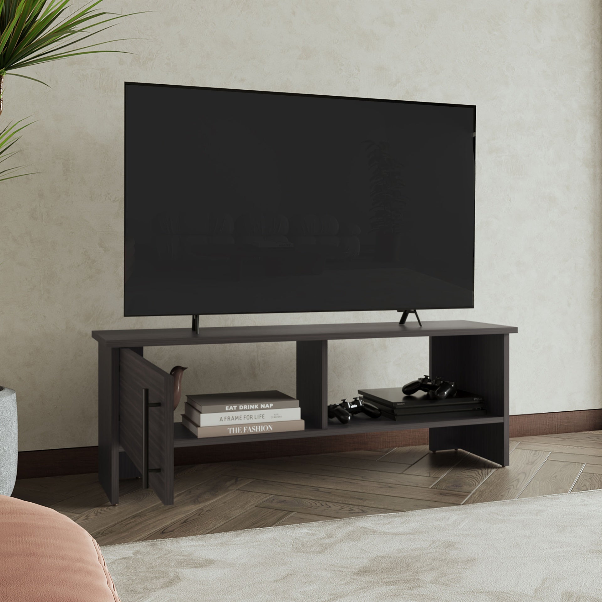 Navia 47" Wide Tv Stand with One Door Cabinet and Open Shelf  for Living Room, Entertainment Center Dark Walnut