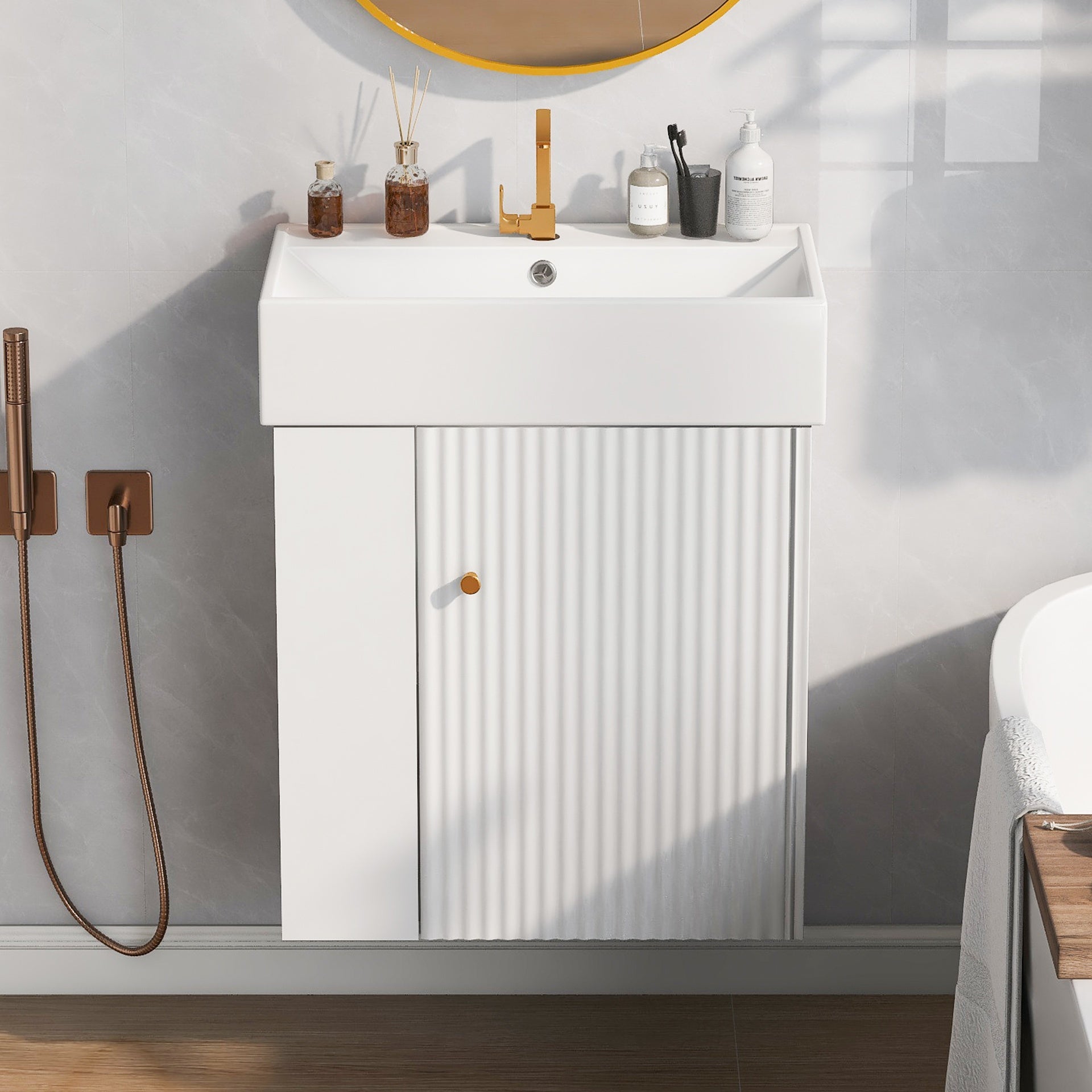 21.6inch Modern Floating Bathroom Vanity with Ceramic Basin - Perfect for Small Bathrooms, Left side storage