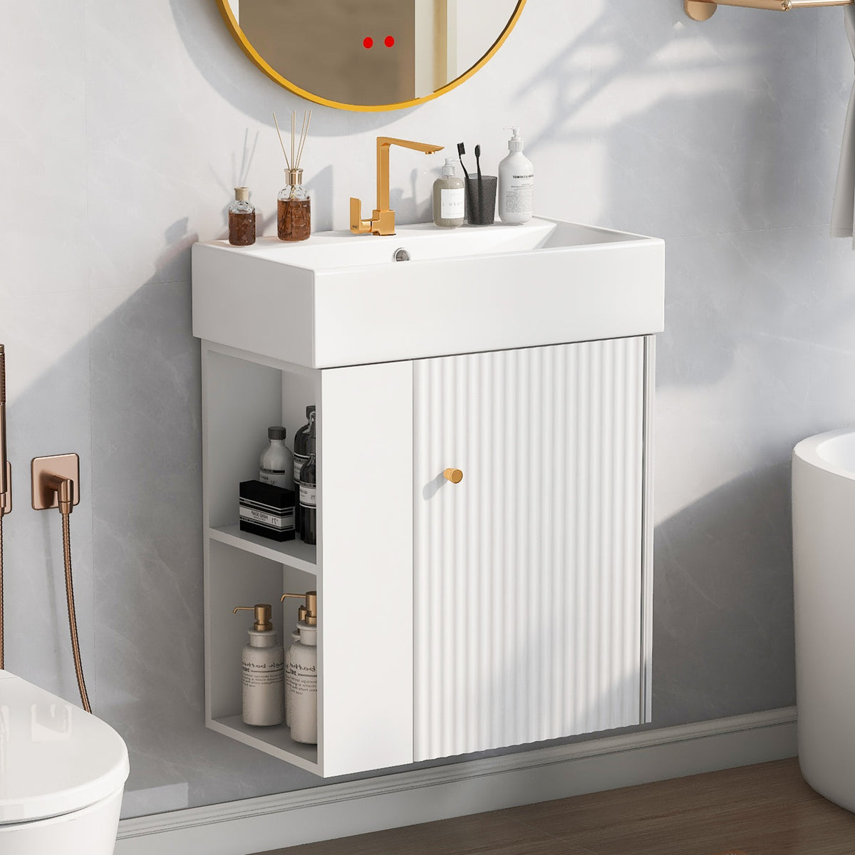 21.6inch Modern Floating Bathroom Vanity with Ceramic Basin - Perfect for Small Bathrooms, Left side storage
