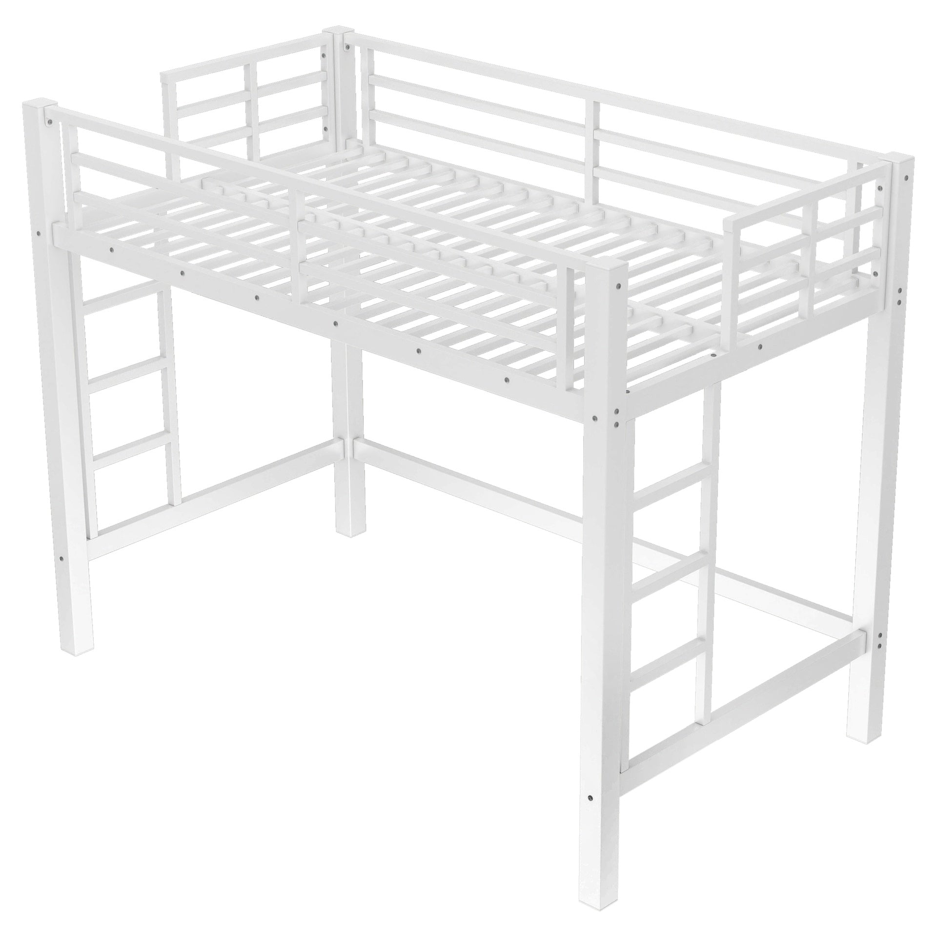 Twin Size Metal Loft Bed, Loft Bed with Easy Climbing Ladder and Guardrails , White