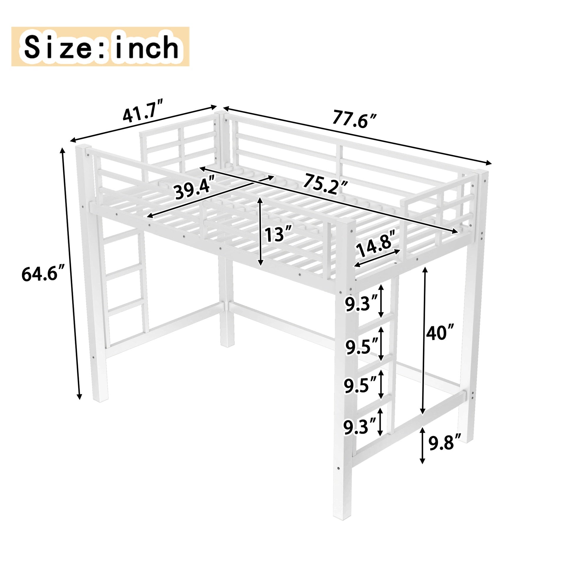 Twin Size Metal Loft Bed, Loft Bed with Easy Climbing Ladder and Guardrails , White