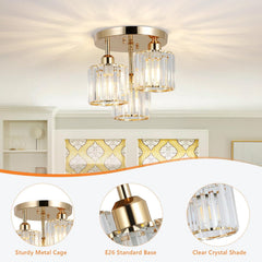 Modern Semi Flush Mount Ceiling Light,3-Light Crystal Close to Ceiling Light Fixtures,Golden Kitchen Light Fixtures with Clear Crystal Shade,Hallway Light Fixtures for Hallway Bedroom Bathroom