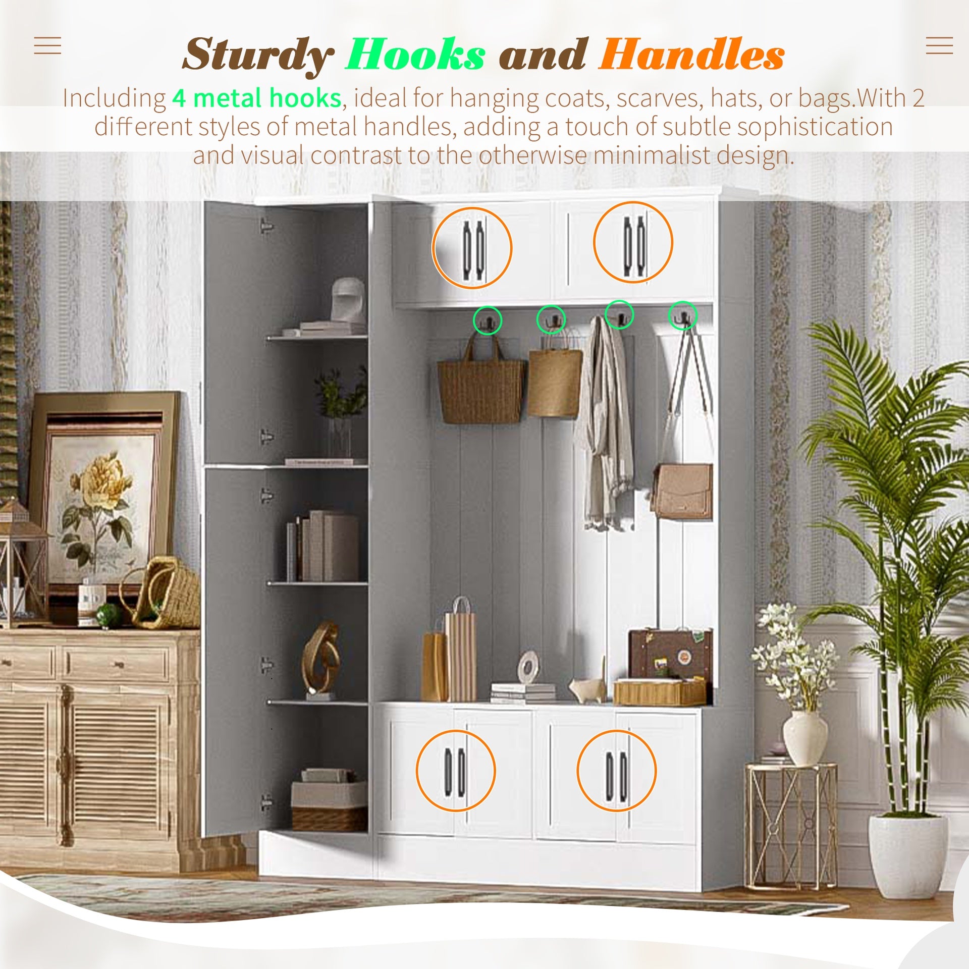 VIBE HAUS 79'' Tall Modern Hall Tree with Shoe Storage, 4-in-1 Entryway Bench with 6 Cabinets, 4 Coat Hooks & Adjustable Shelf for Hallway, living room, White