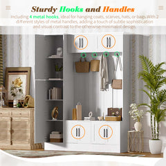 VIBE HAUS 79'' Tall Modern Hall Tree with Shoe Storage, 4-in-1 Entryway Bench with 6 Cabinets, 4 Coat Hooks & Adjustable Shelf for Hallway, living room, White