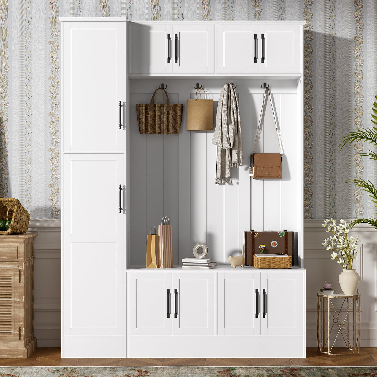 VIBE HAUS 79'' Tall Modern Hall Tree with Shoe Storage, 4-in-1 Entryway Bench with 6 Cabinets, 4 Coat Hooks & Adjustable Shelf for Hallway, living room, White