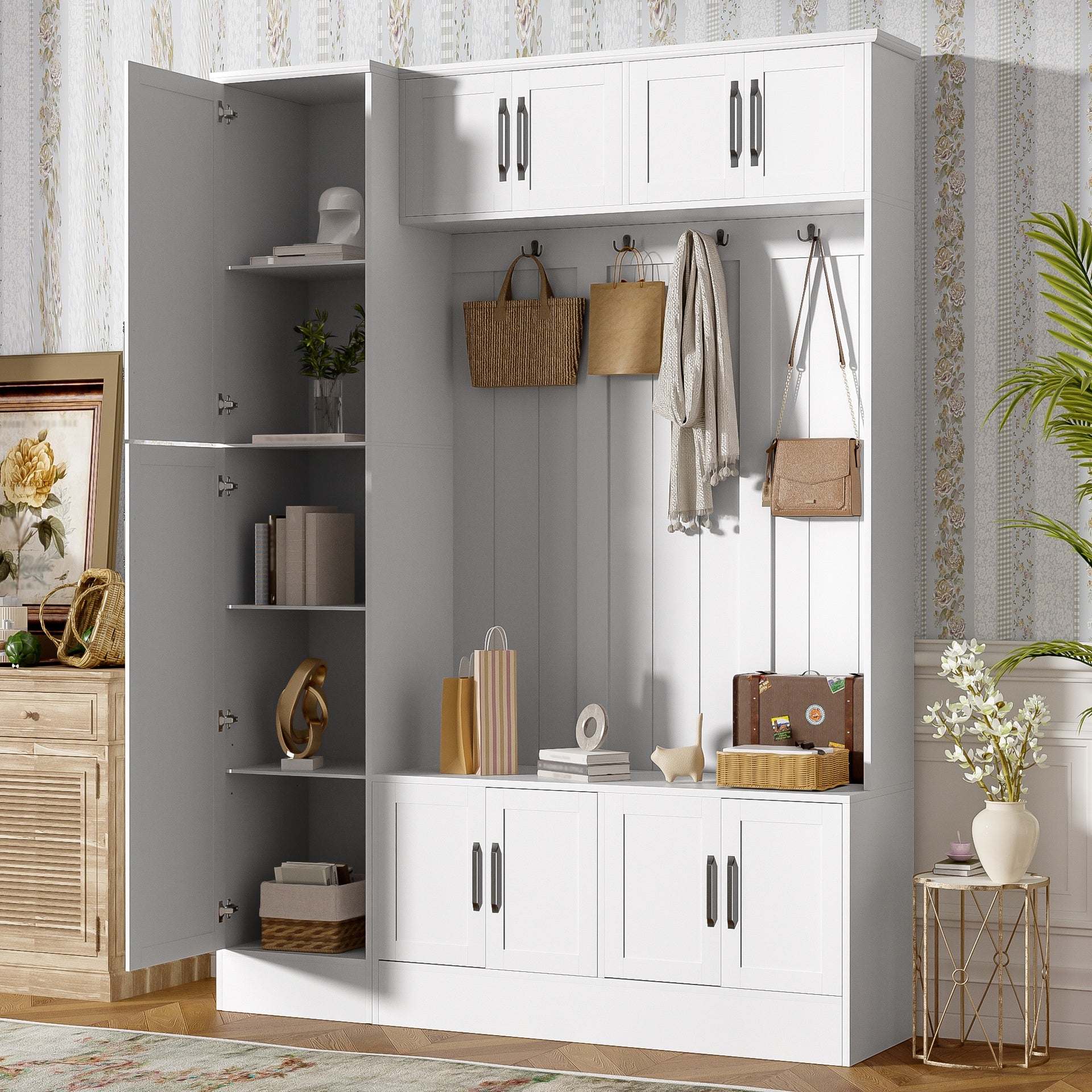 VIBE HAUS 79'' Tall Modern Hall Tree with Shoe Storage, 4-in-1 Entryway Bench with 6 Cabinets, 4 Coat Hooks & Adjustable Shelf for Hallway, living room, White