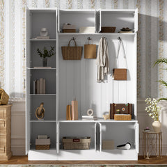 VIBE HAUS 79'' Tall Modern Hall Tree with Shoe Storage, 4-in-1 Entryway Bench with 6 Cabinets, 4 Coat Hooks & Adjustable Shelf for Hallway, living room, White