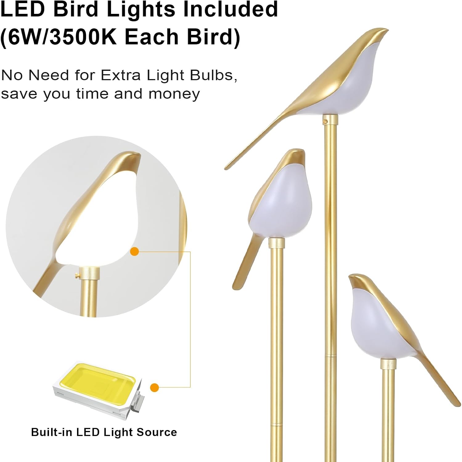 Gold Floor Lamps for Living Room, Modern Floor Lamp with Shelves, Mid Century Standing Lamp with 3 Adjustable LED Bird Lights