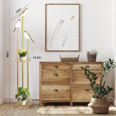 Gold Floor Lamps for Living Room, Modern Floor Lamp with Shelves, Mid Century Standing Lamp with 3 Adjustable LED Bird Lights