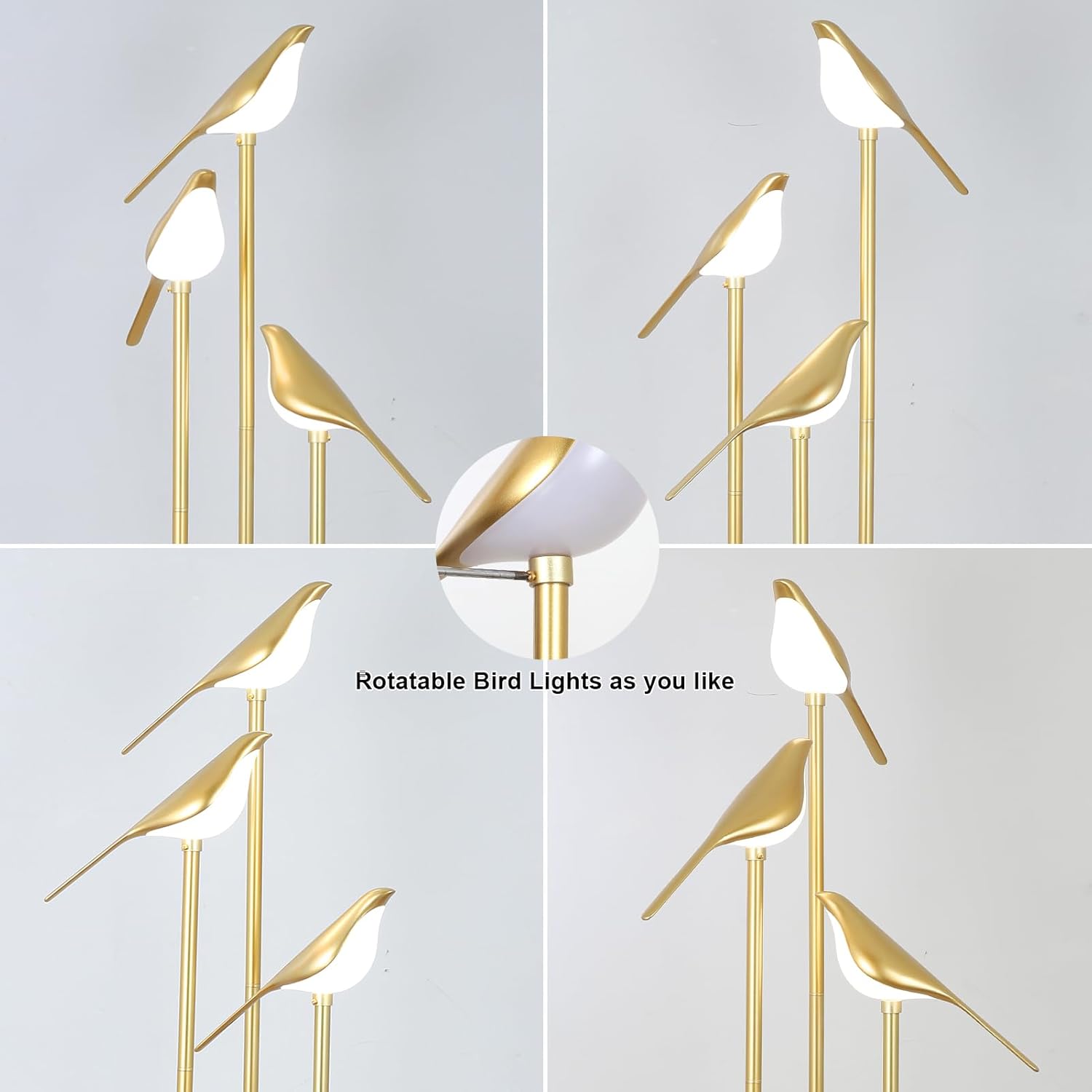 Gold Floor Lamps for Living Room, Modern Floor Lamp with Shelves, Mid Century Standing Lamp with 3 Adjustable LED Bird Lights