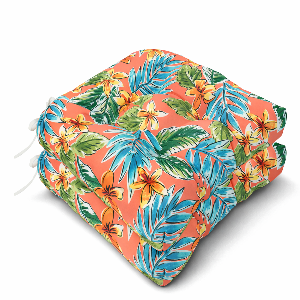 Outdoor Chair Cushions Set of 2, 19 x 19 x 4 Inch Tufted Seat Cushions with Ties, Waterproof Patio Chair Pads for Dining Chairs, Garden & Outdoor Furniture-Bright Coral Pink