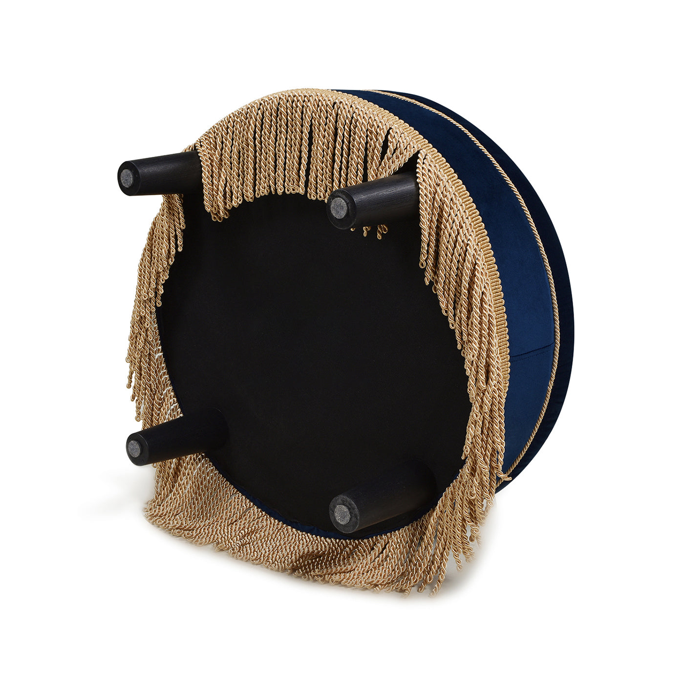 Yolanda 24" Round Upholstered Accent Ottoman, Navy Blue Velvet with Gold Trim