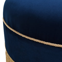 Yolanda 24" Round Upholstered Accent Ottoman, Navy Blue Velvet with Gold Trim