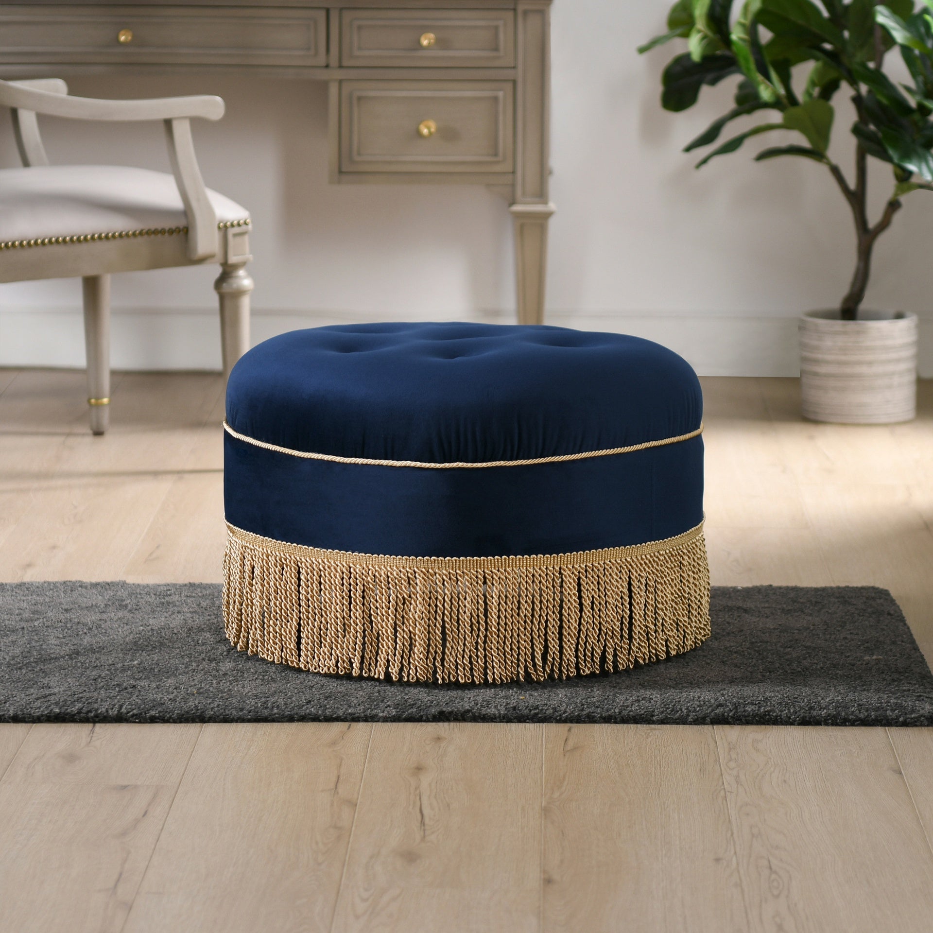 Yolanda 24" Round Upholstered Accent Ottoman, Navy Blue Velvet with Gold Trim