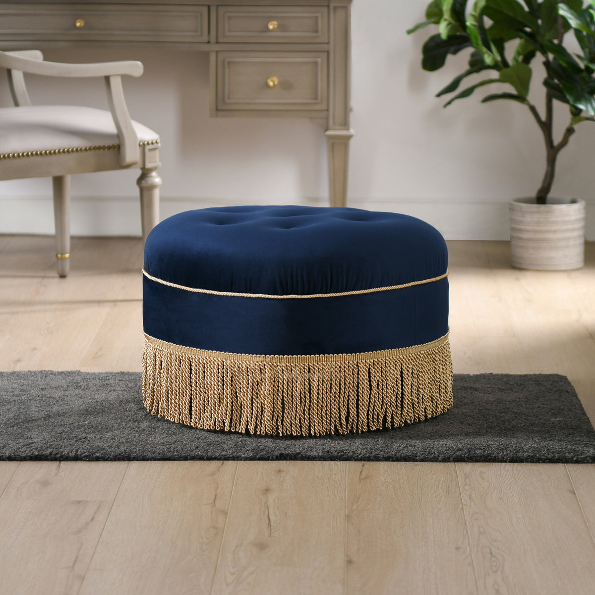 Yolanda 24" Round Upholstered Accent Ottoman, Navy Blue Velvet with Gold Trim