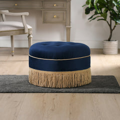 Yolanda 24" Round Upholstered Accent Ottoman, Navy Blue Velvet with Gold Trim