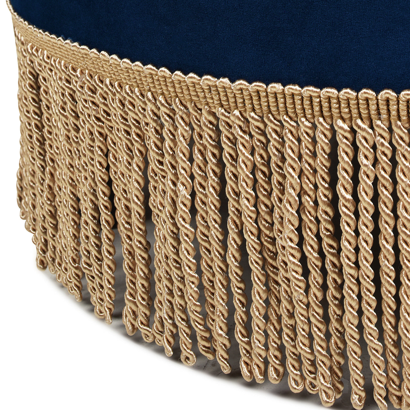 Yolanda 24" Round Upholstered Accent Ottoman, Navy Blue Velvet with Gold Trim